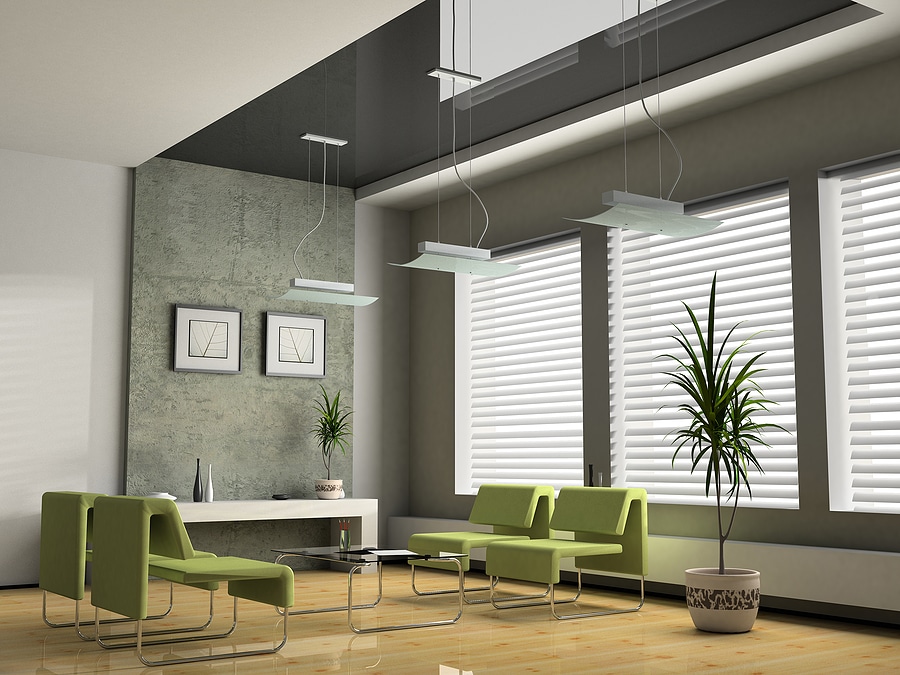 Corporate office interior featuring modern furniture, sleek design, and select potted plants to bring cohesion and clarity.
